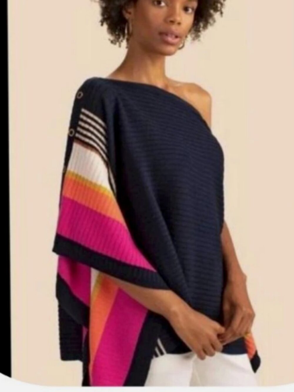 Trina Turk Chic Wrap Pullover Sweater Poncho Blue Knit Stripes and Gold Buttons